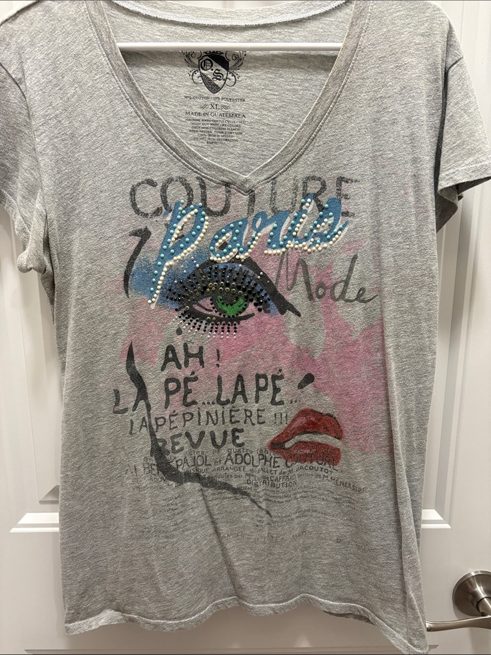 O.S. XL Paris Graphic Tee Embellished Eye Rhinestone Y2K Gray